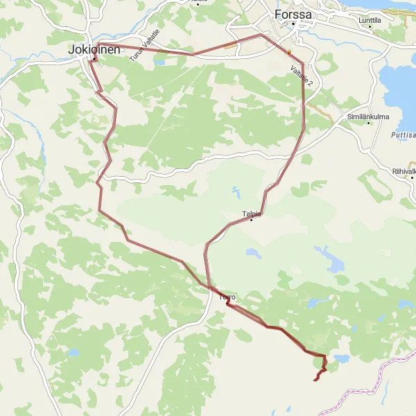 Map miniature of "Gravel Adventure: Jokioinen to Kuhala, Talpia, Kiljamon torni, Torro" cycling inspiration in Etelä-Suomi, Finland. Generated by Tarmacs.app cycling route planner