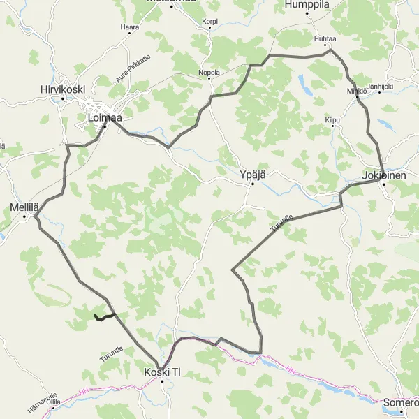 Map miniature of "Jokioinen Century" cycling inspiration in Etelä-Suomi, Finland. Generated by Tarmacs.app cycling route planner