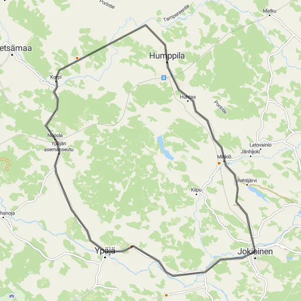 Map miniature of "Scenic Road Cycling: Jokioinen to Ypäjä, Humppila, Minkiö" cycling inspiration in Etelä-Suomi, Finland. Generated by Tarmacs.app cycling route planner