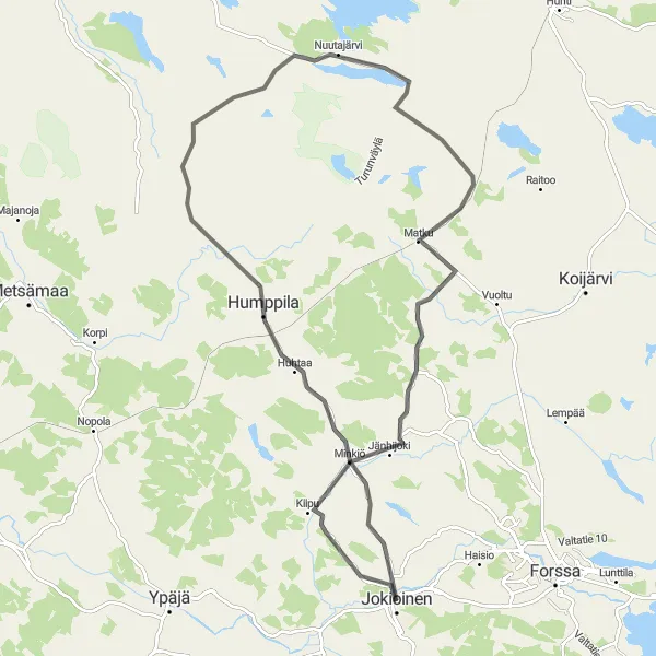 Map miniature of "Humppila-Nuutajärvi Circuit" cycling inspiration in Etelä-Suomi, Finland. Generated by Tarmacs.app cycling route planner