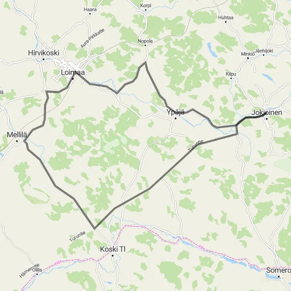 Map miniature of "Road Cycling Adventure: Jokioinen to Vaulammi, Karhula, Ypäjä" cycling inspiration in Etelä-Suomi, Finland. Generated by Tarmacs.app cycling route planner