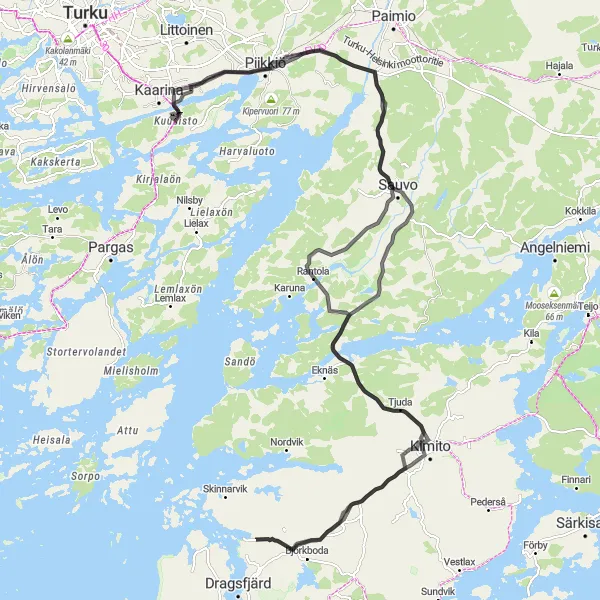 Map miniature of "Kaarina-Linnavuori Loop" cycling inspiration in Etelä-Suomi, Finland. Generated by Tarmacs.app cycling route planner