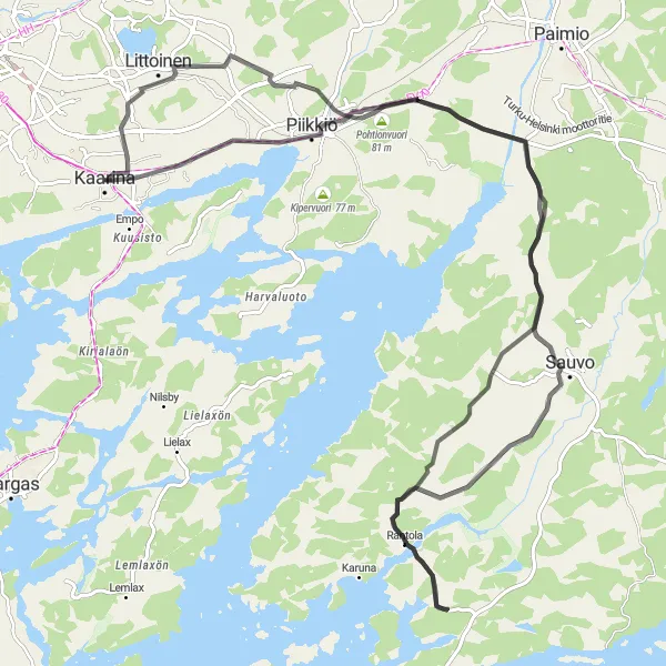 Map miniature of "Piikkiö-Sauvo Loop" cycling inspiration in Etelä-Suomi, Finland. Generated by Tarmacs.app cycling route planner