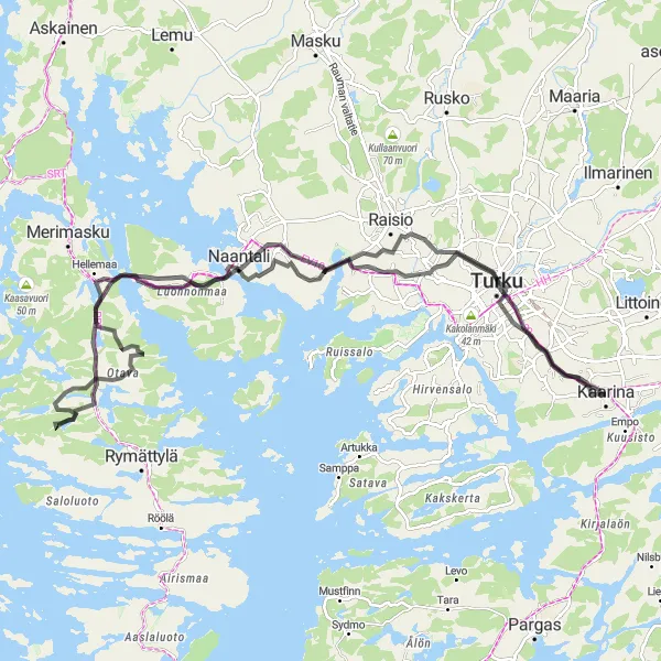 Map miniature of "Kerttulinmäki-Naantali Loop" cycling inspiration in Etelä-Suomi, Finland. Generated by Tarmacs.app cycling route planner