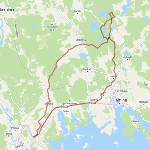 Map miniature of "Gravel Discovery to Neuvoton" cycling inspiration in Etelä-Suomi, Finland. Generated by Tarmacs.app cycling route planner