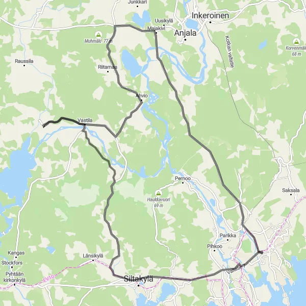 Map miniature of "Karhula to Kyminlinna Loop" cycling inspiration in Etelä-Suomi, Finland. Generated by Tarmacs.app cycling route planner