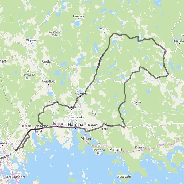 Map miniature of "Challenging Hamina Circuit" cycling inspiration in Etelä-Suomi, Finland. Generated by Tarmacs.app cycling route planner