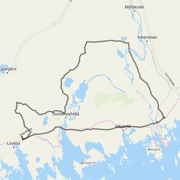 Karttaminiaatyyri "Kymenlaakso Circuit" pyöräilyinspiraatiosta alueella Etelä-Suomi, Finland. Luotu Tarmacs.app pyöräilyreittisuunnittelijalla