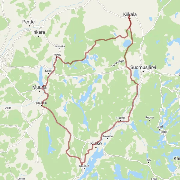 Map miniature of "Kisko - Muurla - Kiikala Gravel Adventure" cycling inspiration in Etelä-Suomi, Finland. Generated by Tarmacs.app cycling route planner