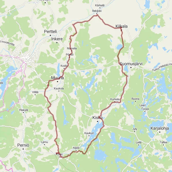 Map miniature of "Kiikala Gravel Loop" cycling inspiration in Etelä-Suomi, Finland. Generated by Tarmacs.app cycling route planner