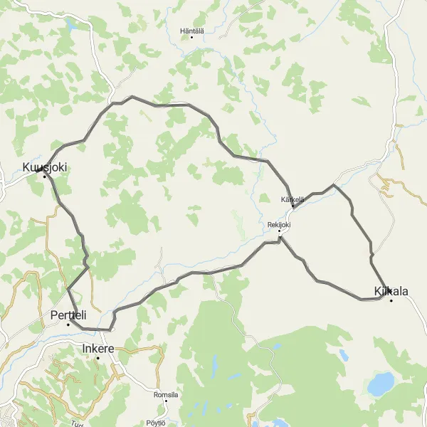 Map miniature of "Rekijoki - Pertteli - Kuusjoki Loop" cycling inspiration in Etelä-Suomi, Finland. Generated by Tarmacs.app cycling route planner