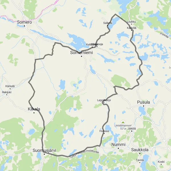 Map miniature of "Kiikala Road Challenge" cycling inspiration in Etelä-Suomi, Finland. Generated by Tarmacs.app cycling route planner