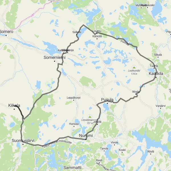 Map miniature of "Kiikala - Karkkila - Nummi - Suomusjärvi Loop" cycling inspiration in Etelä-Suomi, Finland. Generated by Tarmacs.app cycling route planner