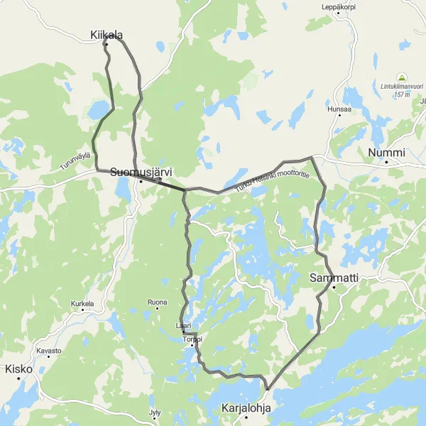 Map miniature of "Kiikala - Suomusjärvi - Sammatti - Rotomänty Loop" cycling inspiration in Etelä-Suomi, Finland. Generated by Tarmacs.app cycling route planner