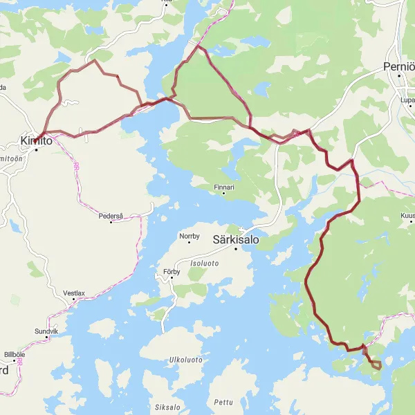Map miniature of "Kimito Gravel Adventure" cycling inspiration in Etelä-Suomi, Finland. Generated by Tarmacs.app cycling route planner