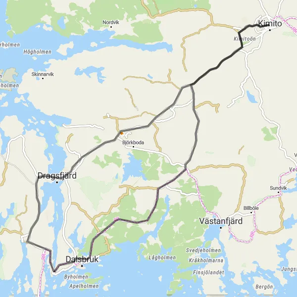 Map miniature of "Kimito Road Loop" cycling inspiration in Etelä-Suomi, Finland. Generated by Tarmacs.app cycling route planner