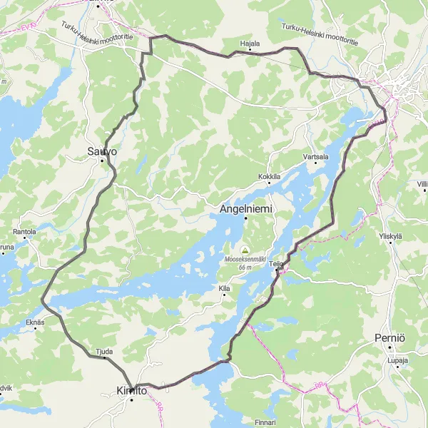 Map miniature of "Kimito Peninsula Explorer" cycling inspiration in Etelä-Suomi, Finland. Generated by Tarmacs.app cycling route planner