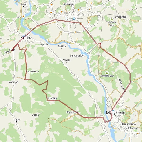 Karttaminiaatyyri "Kouvola-Haaranmäki-Myllykoski Pyöräilyreitti" pyöräilyinspiraatiosta alueella Etelä-Suomi, Finland. Luotu Tarmacs.app pyöräilyreittisuunnittelijalla