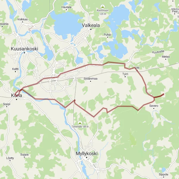 Map miniature of "Kouvola Gravel Circuit" cycling inspiration in Etelä-Suomi, Finland. Generated by Tarmacs.app cycling route planner