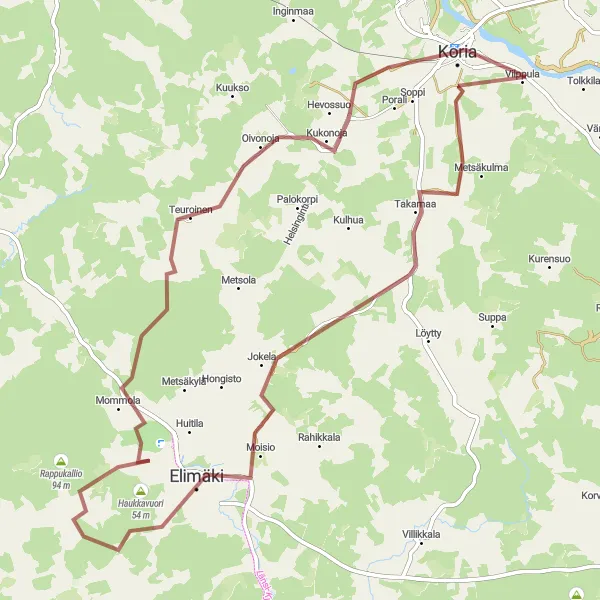 Karttaminiaatyyri "Elimäki - Koria Gravel Trail" pyöräilyinspiraatiosta alueella Etelä-Suomi, Finland. Luotu Tarmacs.app pyöräilyreittisuunnittelijalla