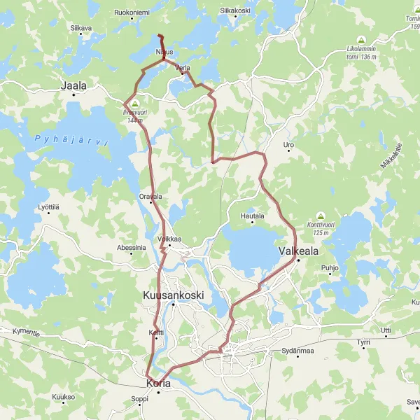 Karttaminiaatyyri "Koria-Hiidenkirnu-Valkeala-Kouvola Pyöräilyreitti" pyöräilyinspiraatiosta alueella Etelä-Suomi, Finland. Luotu Tarmacs.app pyöräilyreittisuunnittelijalla