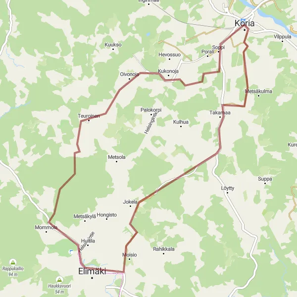 Map miniature of "Koria Gravel Escape" cycling inspiration in Etelä-Suomi, Finland. Generated by Tarmacs.app cycling route planner