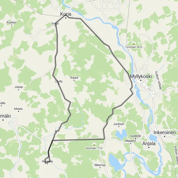 Map miniature of "Koria-Ummeljoki-Muhmäki-Koria" cycling inspiration in Etelä-Suomi, Finland. Generated by Tarmacs.app cycling route planner