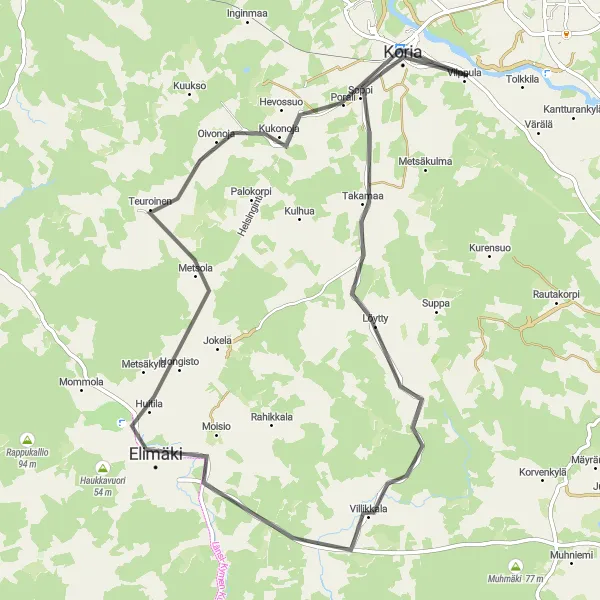 Map miniature of "Koria to Koria Loop" cycling inspiration in Etelä-Suomi, Finland. Generated by Tarmacs.app cycling route planner