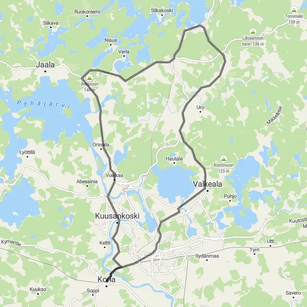 Karttaminiaatyyri "Kuusankoski - Kouvola Road Adventure" pyöräilyinspiraatiosta alueella Etelä-Suomi, Finland. Luotu Tarmacs.app pyöräilyreittisuunnittelijalla