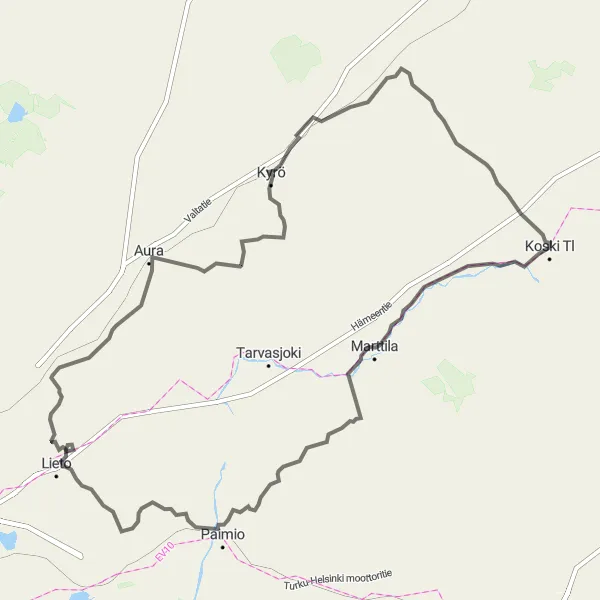 Map miniature of "Marttila to Koski Tl" cycling inspiration in Etelä-Suomi, Finland. Generated by Tarmacs.app cycling route planner