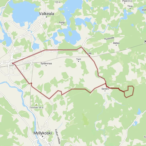 Map miniature of "Tranquil Gravel Ride: Utti to Vahtero" cycling inspiration in Etelä-Suomi, Finland. Generated by Tarmacs.app cycling route planner