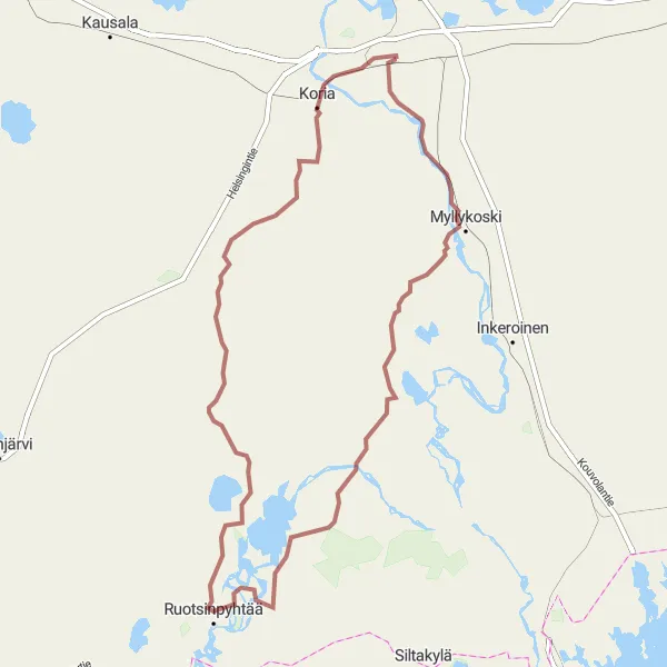 Map miniature of "Kouvola - Ruotsinpyhtää Gravel Route" cycling inspiration in Etelä-Suomi, Finland. Generated by Tarmacs.app cycling route planner