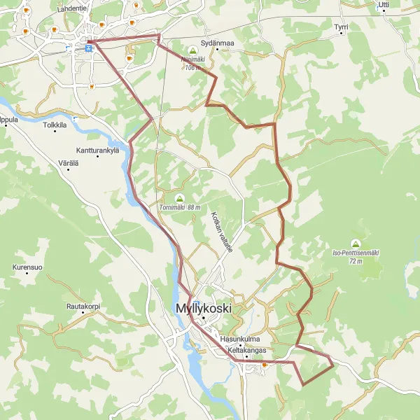 Map miniature of "Scenic Gravel Route around Kouvola" cycling inspiration in Etelä-Suomi, Finland. Generated by Tarmacs.app cycling route planner