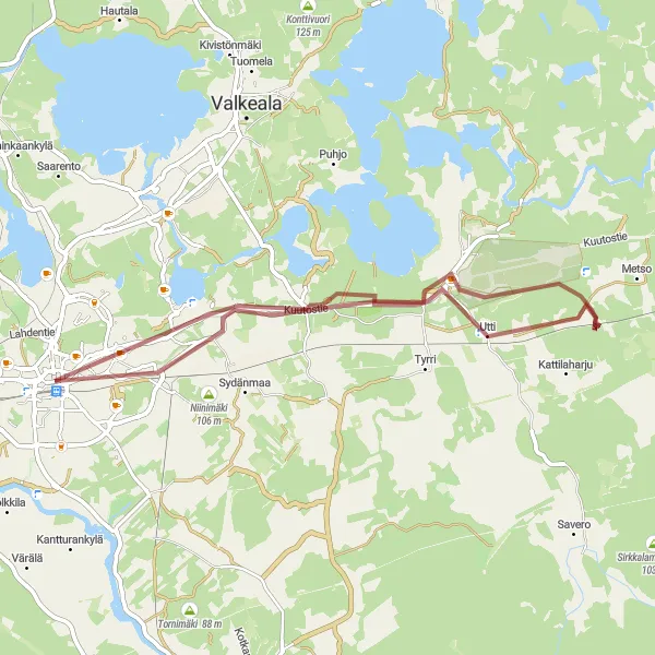 Map miniature of "Kouvola - Kullasvaara Gravel Adventure" cycling inspiration in Etelä-Suomi, Finland. Generated by Tarmacs.app cycling route planner