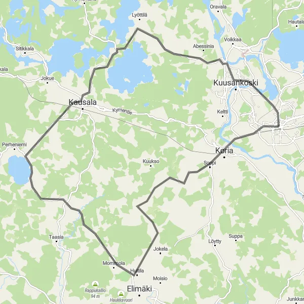 Karttaminiaatyyri "Kouvola-Koria-Kausala-Naukionvuori-Kuusankoski-Kouvola Reitti" pyöräilyinspiraatiosta alueella Etelä-Suomi, Finland. Luotu Tarmacs.app pyöräilyreittisuunnittelijalla