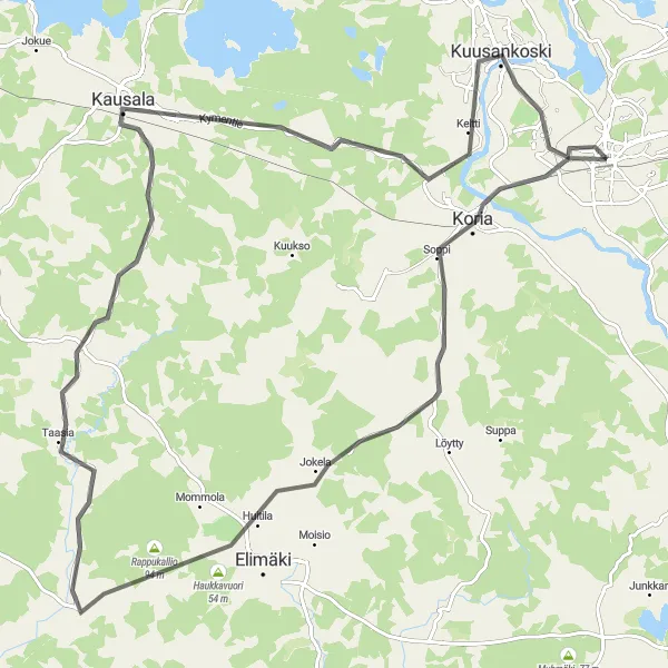Map miniature of "Road Cycling Adventure: Kouvola to Nappa" cycling inspiration in Etelä-Suomi, Finland. Generated by Tarmacs.app cycling route planner