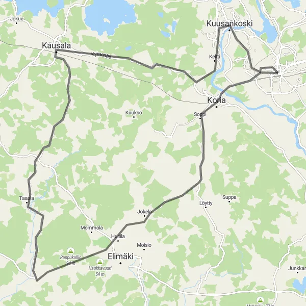 Karttaminiaatyyri "Koria-Kouvola reunareitti" pyöräilyinspiraatiosta alueella Etelä-Suomi, Finland. Luotu Tarmacs.app pyöräilyreittisuunnittelijalla