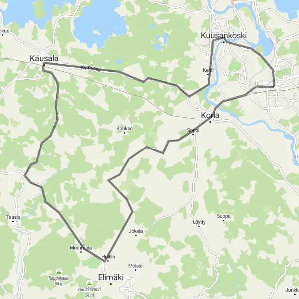 Karttaminiaatyyri "Sarkola-Kouvola maantiepyöräilyreitti" pyöräilyinspiraatiosta alueella Etelä-Suomi, Finland. Luotu Tarmacs.app pyöräilyreittisuunnittelijalla