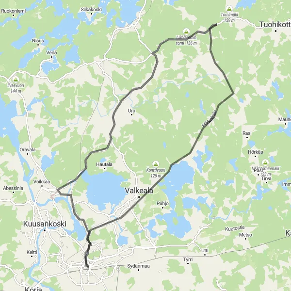 Karttaminiaatyyri "Kouvola-Likolammin torni-Valkeala-Sarkola Reitti" pyöräilyinspiraatiosta alueella Etelä-Suomi, Finland. Luotu Tarmacs.app pyöräilyreittisuunnittelijalla