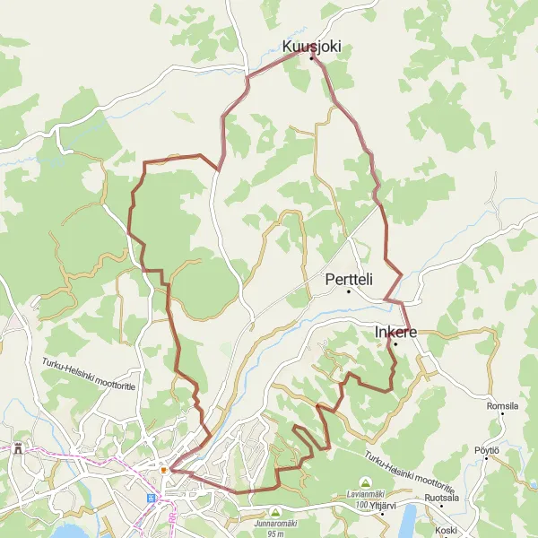 Map miniature of "Inkere Loop" cycling inspiration in Etelä-Suomi, Finland. Generated by Tarmacs.app cycling route planner