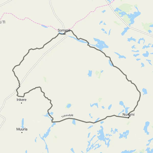 Map miniature of "Somero Scenic Ride" cycling inspiration in Etelä-Suomi, Finland. Generated by Tarmacs.app cycling route planner