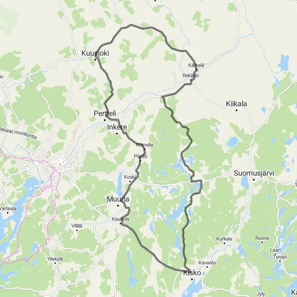 Map miniature of "Kuusjoki Road Cycling Challenge" cycling inspiration in Etelä-Suomi, Finland. Generated by Tarmacs.app cycling route planner