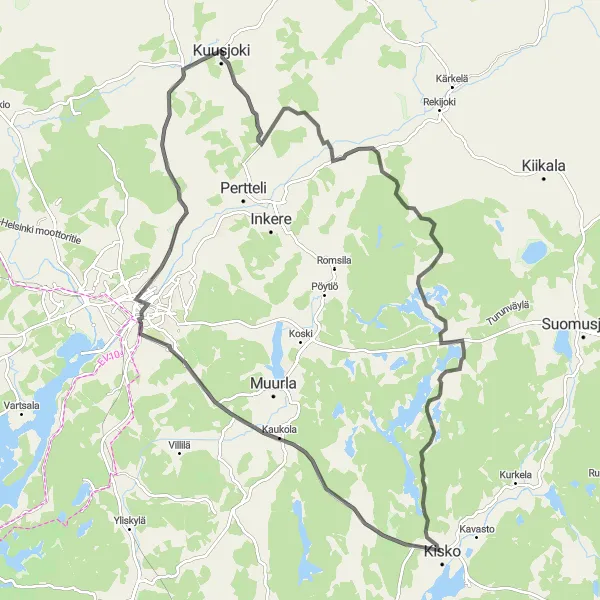 Map miniature of "Kiskon Kirkonkylä Challenge" cycling inspiration in Etelä-Suomi, Finland. Generated by Tarmacs.app cycling route planner