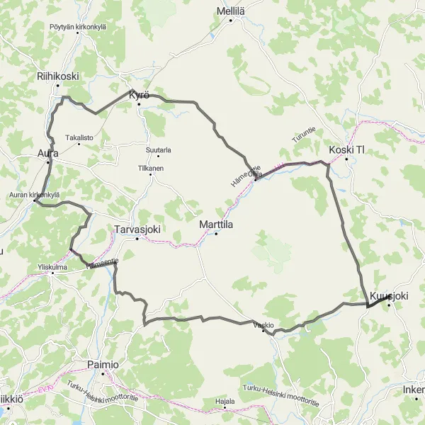 Karttaminiaatyyri "Vaskio-Aura-Kyrö Round-Trip Cycling Route" pyöräilyinspiraatiosta alueella Etelä-Suomi, Finland. Luotu Tarmacs.app pyöräilyreittisuunnittelijalla