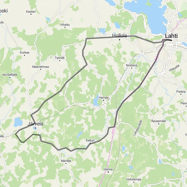 Karttaminiaatyyri "Central Lahti - Järvelän teollisuusalue - Salpa-Suppa - Hollola - Lahti Maantiepyöräreitti" pyöräilyinspiraatiosta alueella Etelä-Suomi, Finland. Luotu Tarmacs.app pyöräilyreittisuunnittelijalla