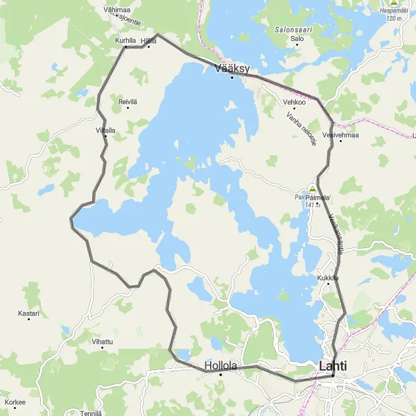 Map miniature of "Lahti Countryside Road Ride" cycling inspiration in Etelä-Suomi, Finland. Generated by Tarmacs.app cycling route planner