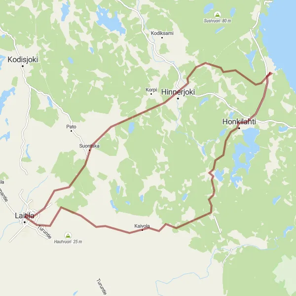 Map miniature of "Picturesque Gravel Route through Hinnerjoki, Honkilahti, and Laitila" cycling inspiration in Etelä-Suomi, Finland. Generated by Tarmacs.app cycling route planner