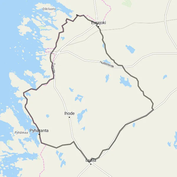 Map miniature of "Challenging Road Cycling in Laitila" cycling inspiration in Etelä-Suomi, Finland. Generated by Tarmacs.app cycling route planner