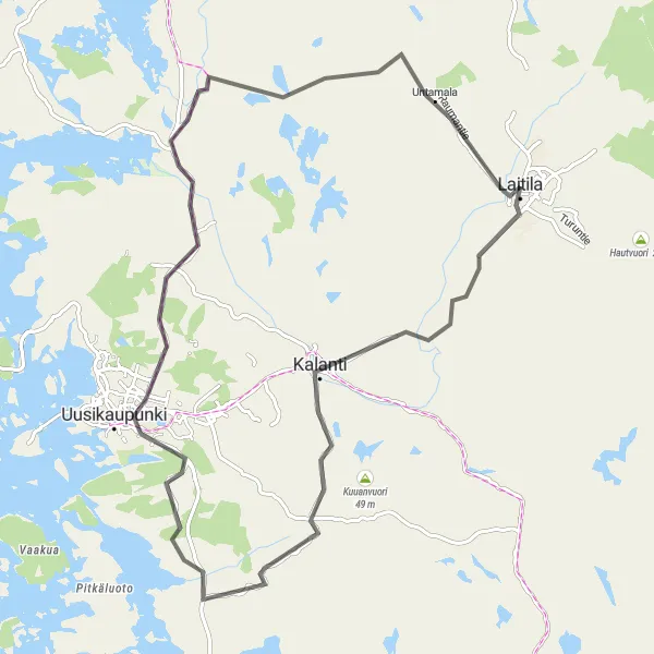 Map miniature of "Kalanti and Untamala Circuit" cycling inspiration in Etelä-Suomi, Finland. Generated by Tarmacs.app cycling route planner