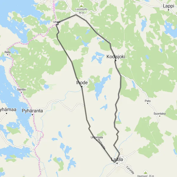 Map miniature of "Scenic Road Route through Kodisjoki, Ihode, and Laitila" cycling inspiration in Etelä-Suomi, Finland. Generated by Tarmacs.app cycling route planner